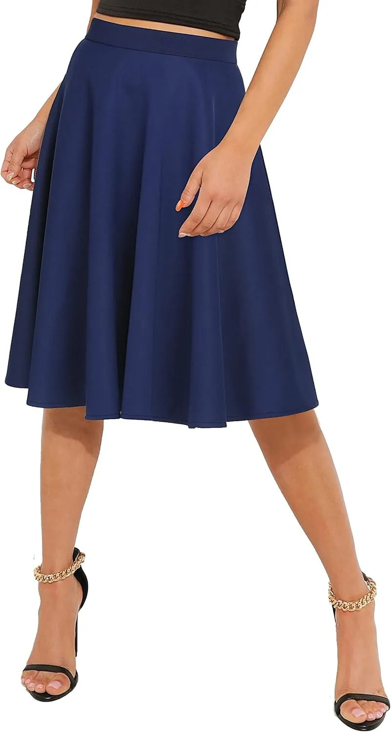Urban CoCo Women's Basic Elastic Waist A-line Solid Flared Midi Skirt