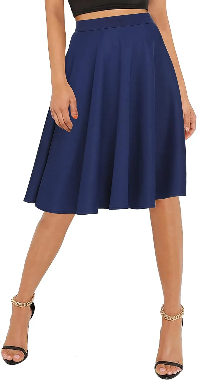 Urban CoCo Women's Basic Elastic Waist A-line Solid Flared Midi Skirt