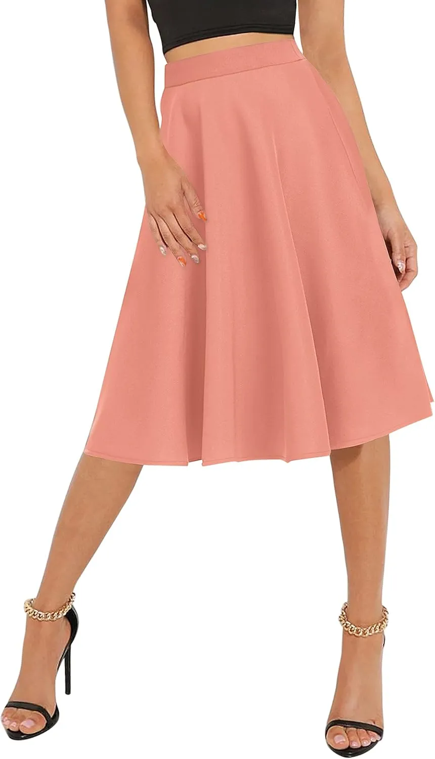 Urban CoCo Women's Basic Elastic Waist A-line Solid Flared Midi Skirt