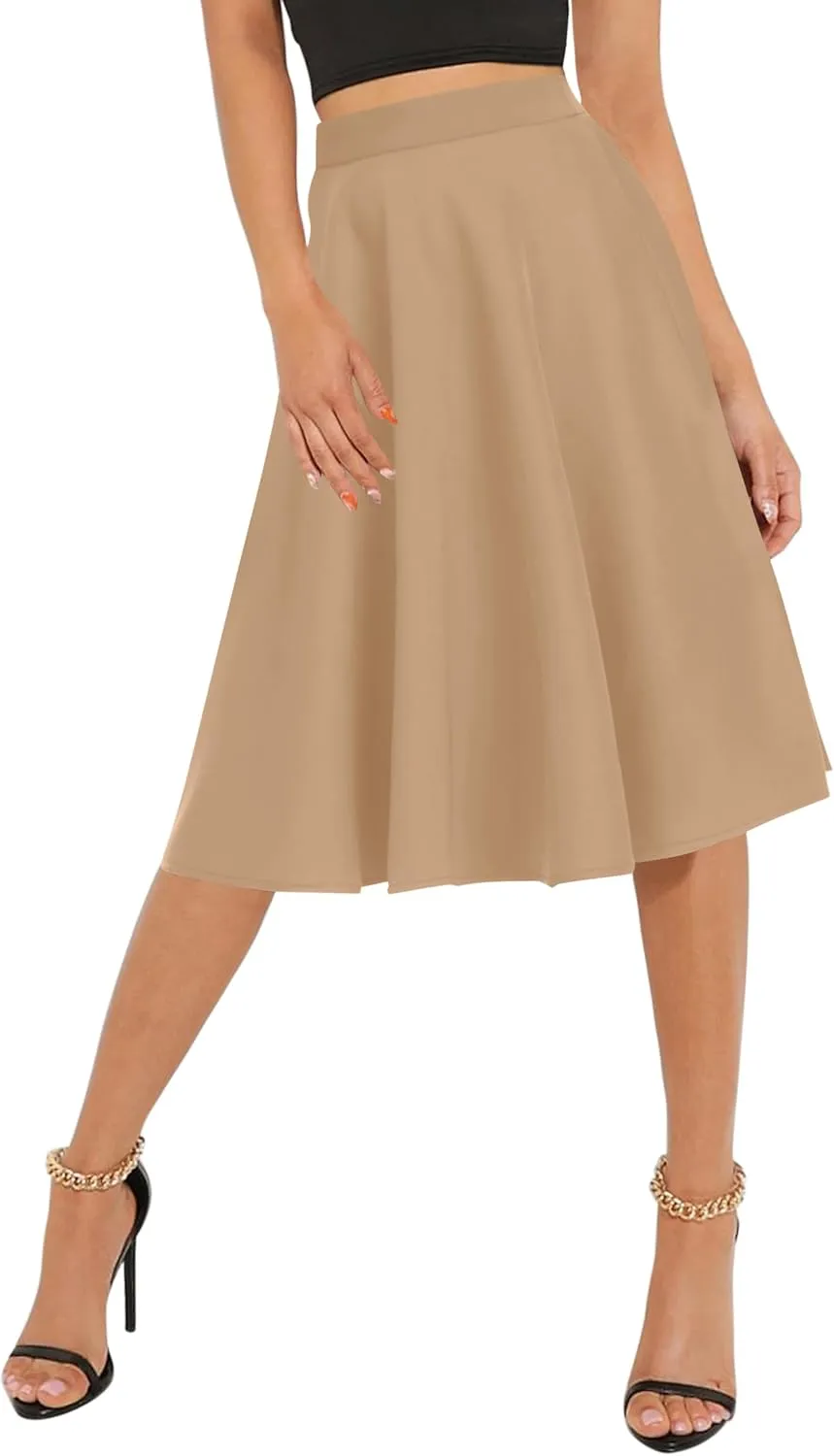 Urban CoCo Women's Basic Elastic Waist A-line Solid Flared Midi Skirt