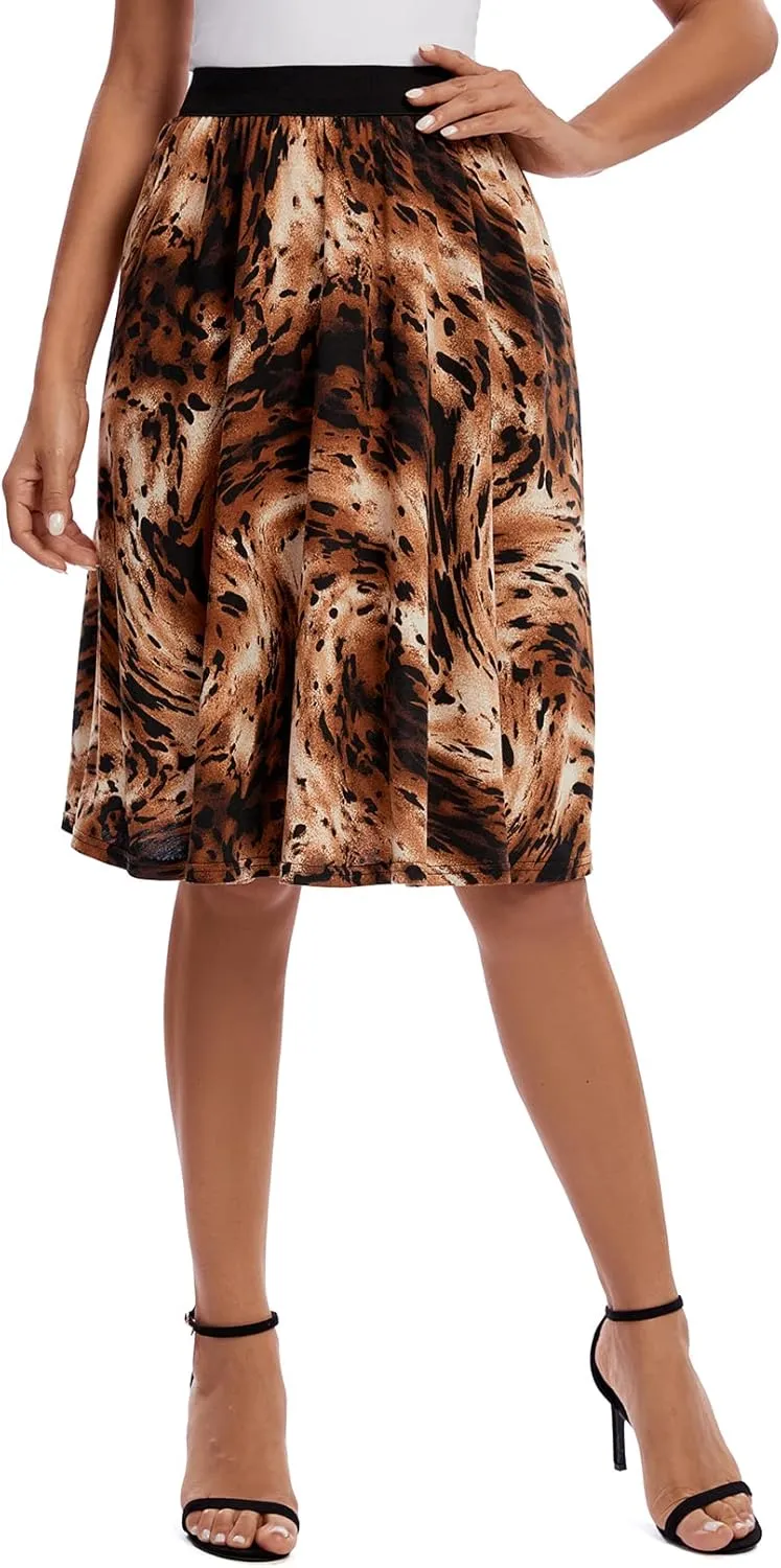 Urban CoCo Women's Casual Elastic High Waist Leopard Print Pleated Shirring Midi Skirt