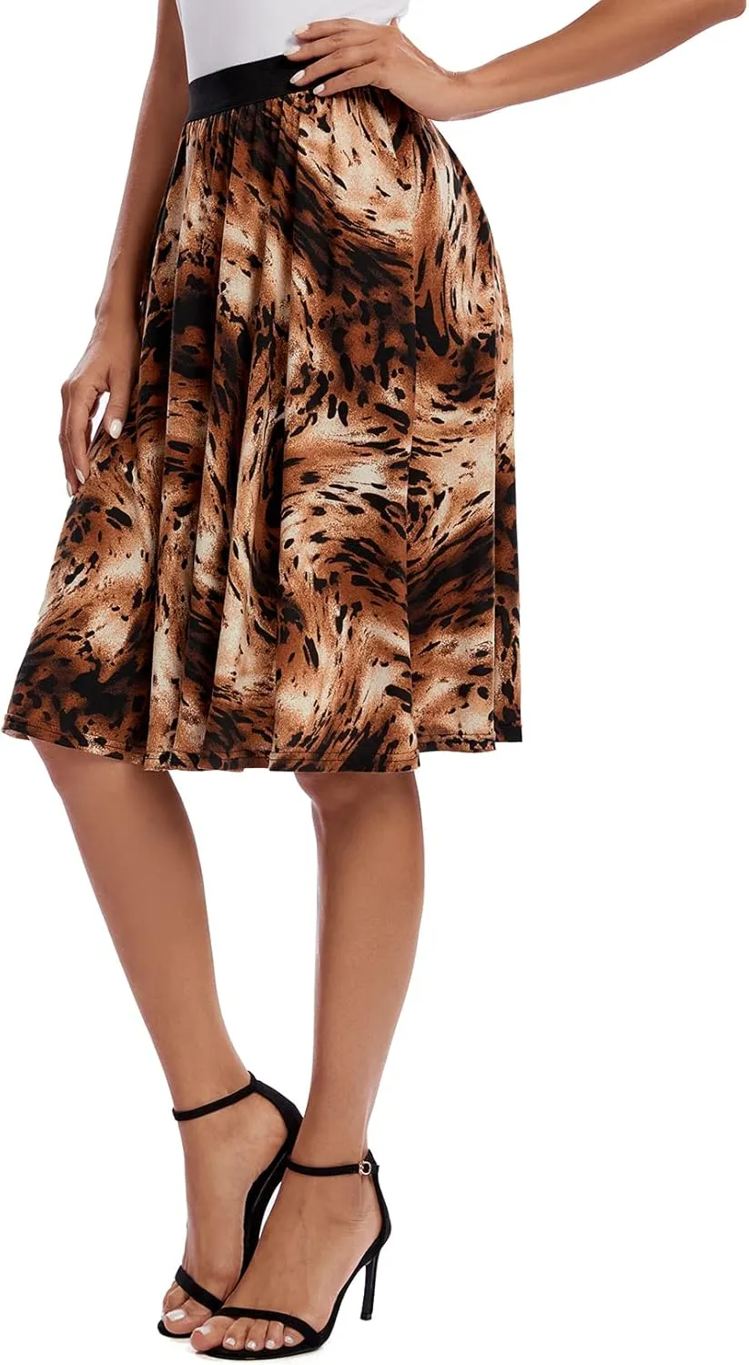 Urban CoCo Women's Casual Elastic High Waist Leopard Print Pleated Shirring Midi Skirt