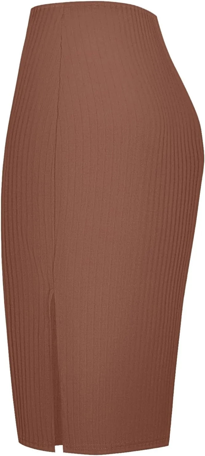 Urban CoCo Women's High Waist Stretch Ribbed Knit Pencil Skirt Midi Length with Side Slit Office Work Bodycon Style