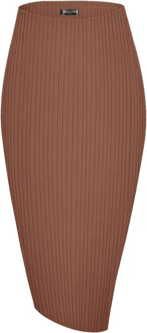 Urban CoCo Women's High Waist Stretch Ribbed Knit Pencil Skirt Midi Length with Side Slit Office Work Bodycon Style