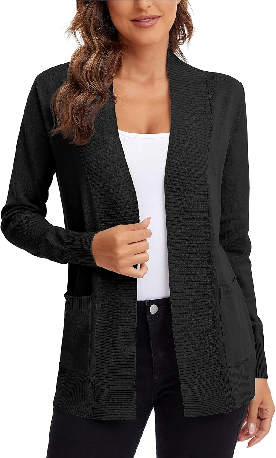 Urban CoCo Women's Lightweight Open Front Knit Cardigan Sweater Long Sleeve with Pocket