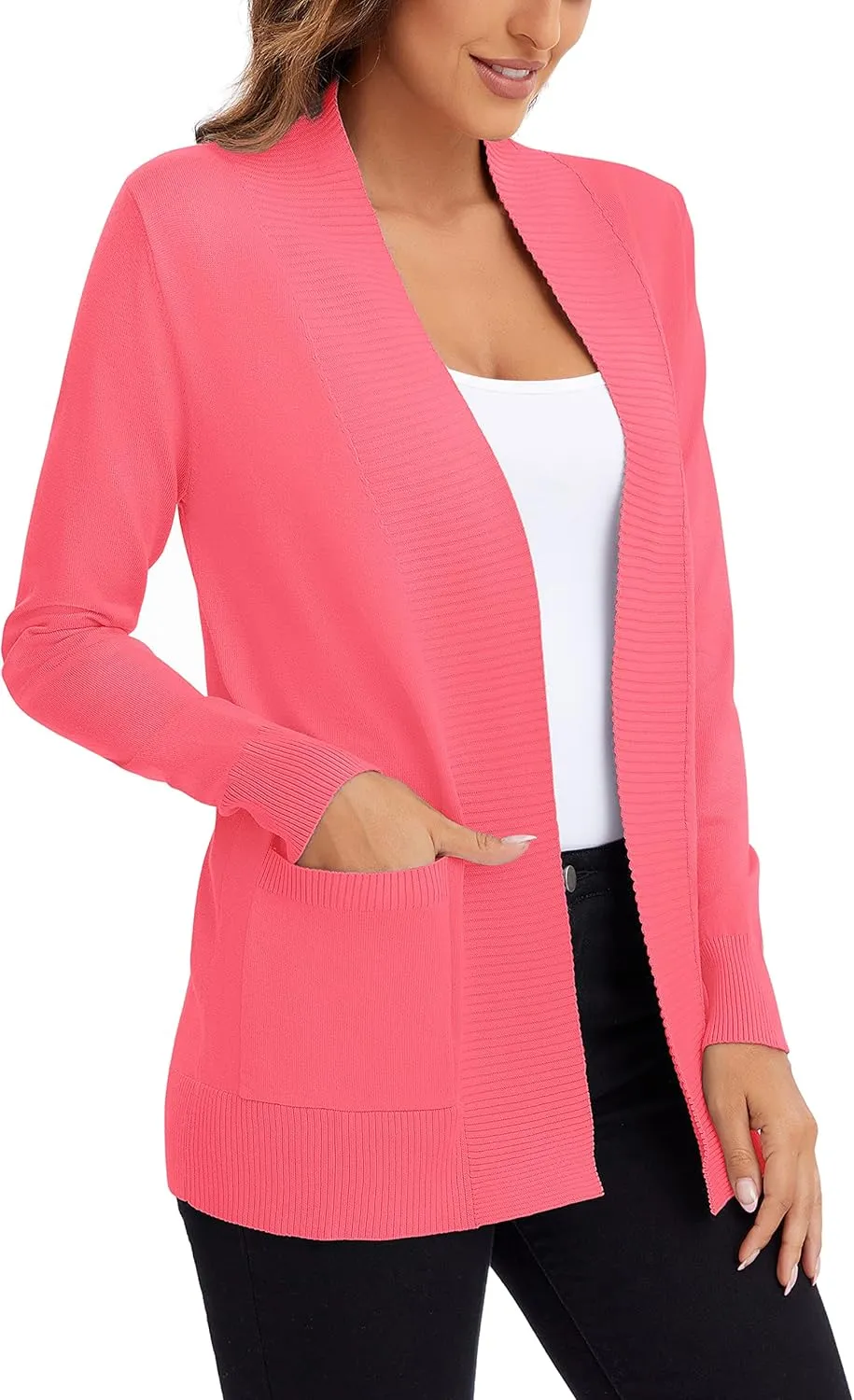 Urban CoCo Women's Lightweight Open Front Knit Cardigan Sweater Long Sleeve with Pocket