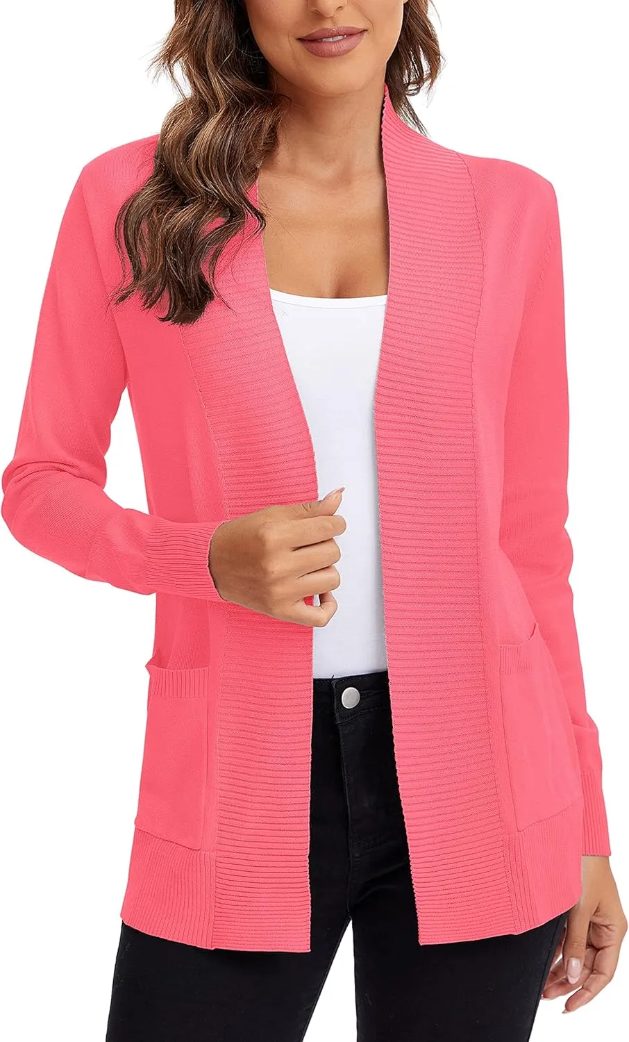 Urban CoCo Women's Lightweight Open Front Knit Cardigan Sweater Long Sleeve with Pocket