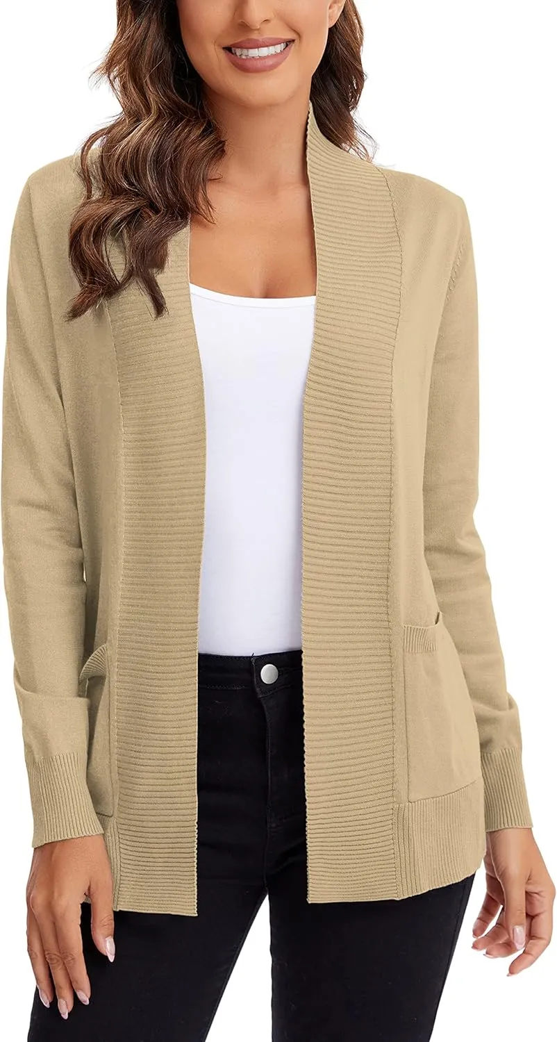 Urban CoCo Women's Lightweight Open Front Knit Cardigan Sweater Long Sleeve with Pocket