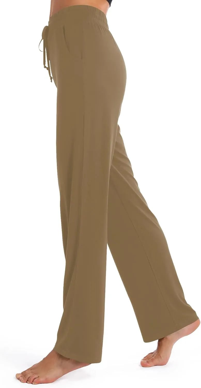 Urban CoCo Women's Straight Leg Long Pants Elastic High Waist Drawstring Casual Trousers with Pockets
