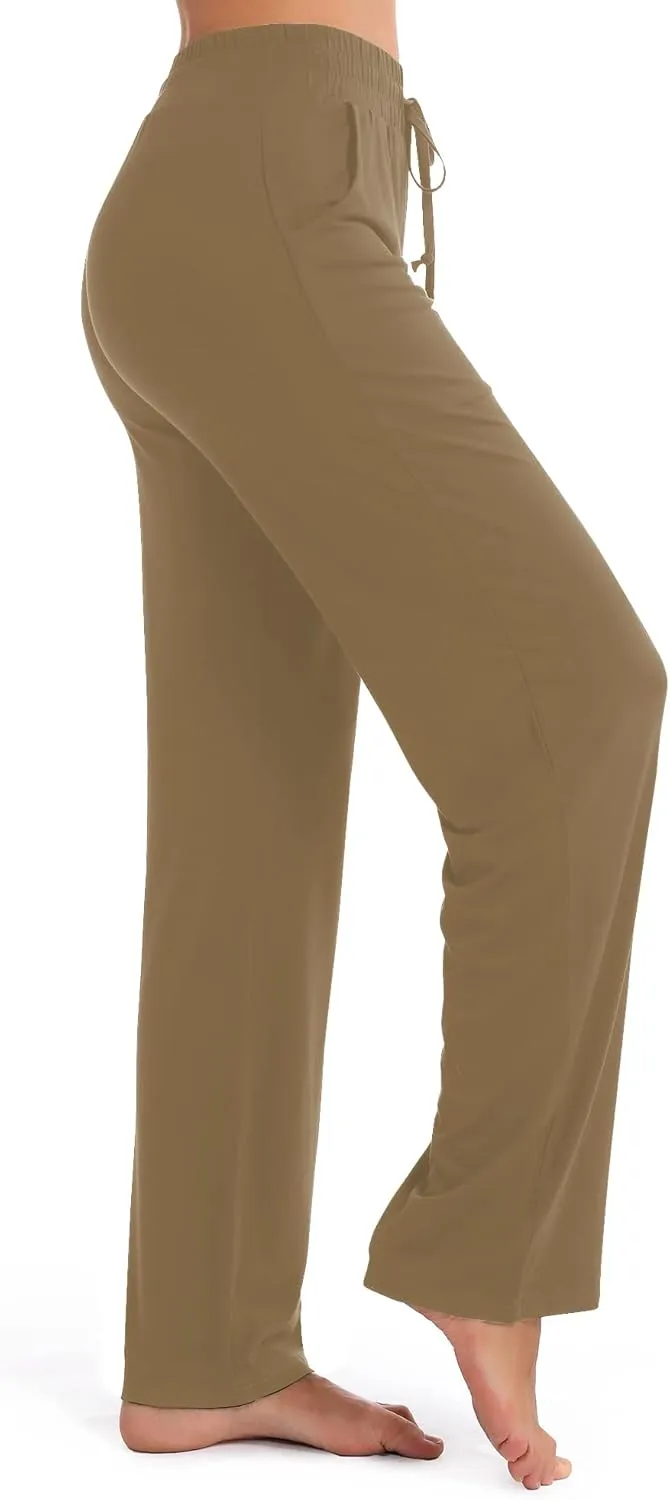 Urban CoCo Women's Straight Leg Long Pants Elastic High Waist Drawstring Casual Trousers with Pockets