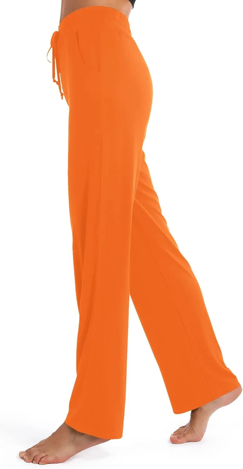 Urban CoCo Women's Straight Leg Long Pants Elastic High Waist Drawstring Casual Trousers with Pockets