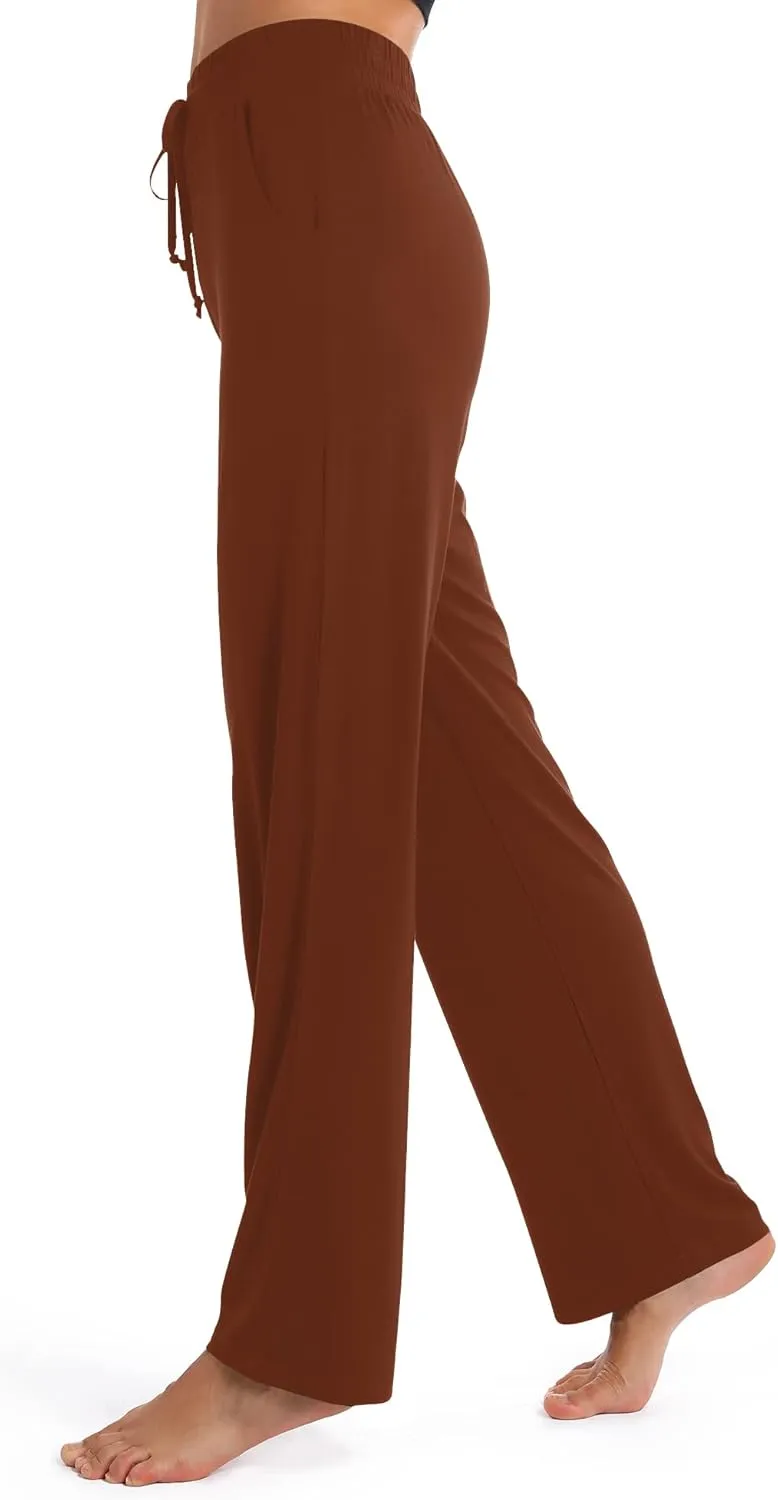 Urban CoCo Women's Straight Leg Long Pants Elastic High Waist Drawstring Casual Trousers with Pockets