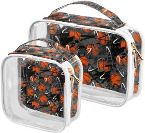 Urban Style Modern with Basketball 2 Pieces Clear Makeup Cosmetic Bags for Traveling Vacation Organizing, Toiletry Bags for Women Men, PVC Waterproof Travel Organizer