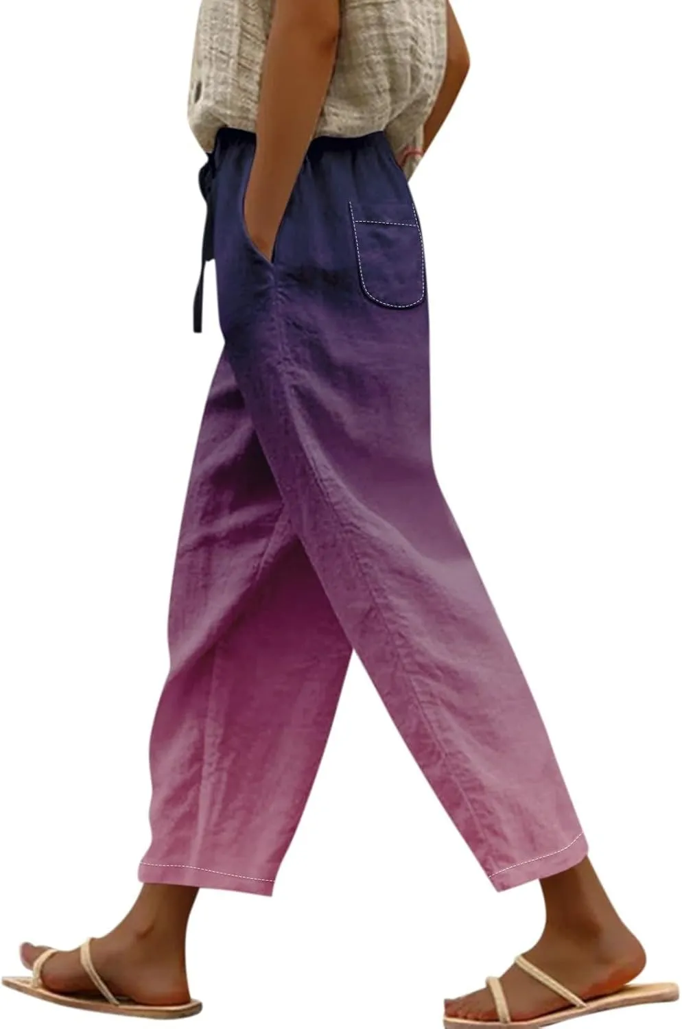 Vacation Linen Outfits for Women Elastic Long Pants Beach Leisure Trousers Linen Capri Pants 2025 Pants with Pockets