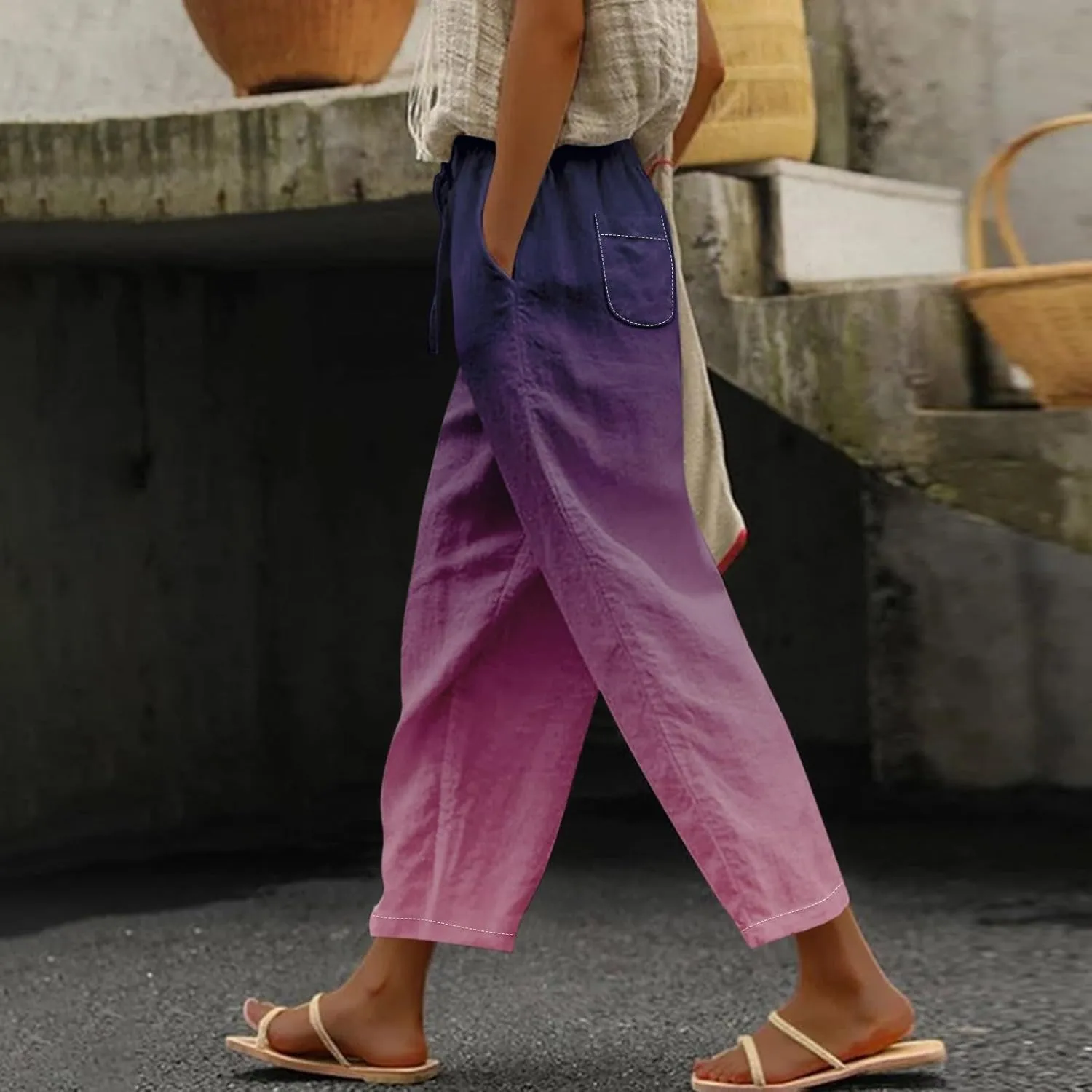 Vacation Linen Outfits for Women Elastic Long Pants Beach Leisure Trousers Linen Capri Pants 2025 Pants with Pockets