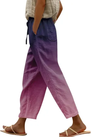 Vacation Linen Outfits for Women Elastic Long Pants Beach Leisure Trousers Linen Capri Pants 2025 Pants with Pockets