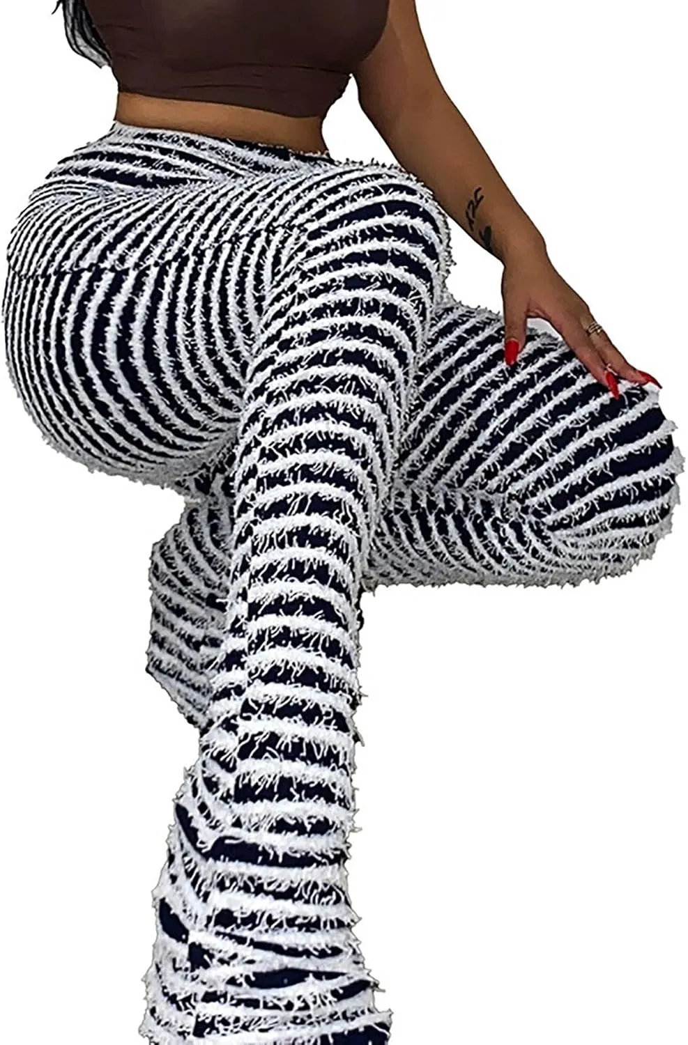Vaceky Women's Stacked Fuzzy Pants High Waist Black and White Striped Bell Bottoms Street Causal Sweatpants
