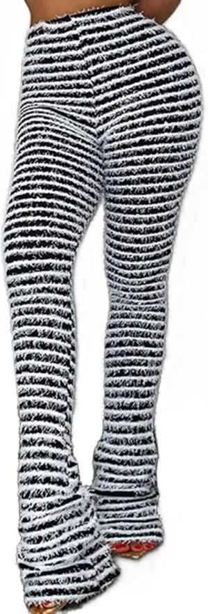Vaceky Women's Stacked Fuzzy Pants High Waist Black and White Striped Bell Bottoms Street Causal Sweatpants