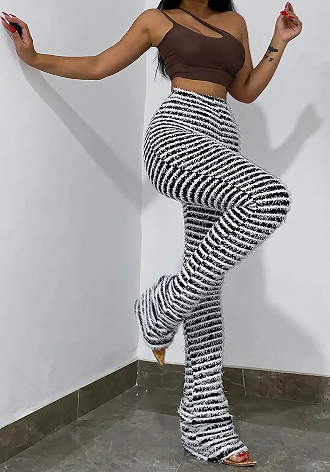 Vaceky Women's Stacked Fuzzy Pants High Waist Black and White Striped Bell Bottoms Street Causal Sweatpants