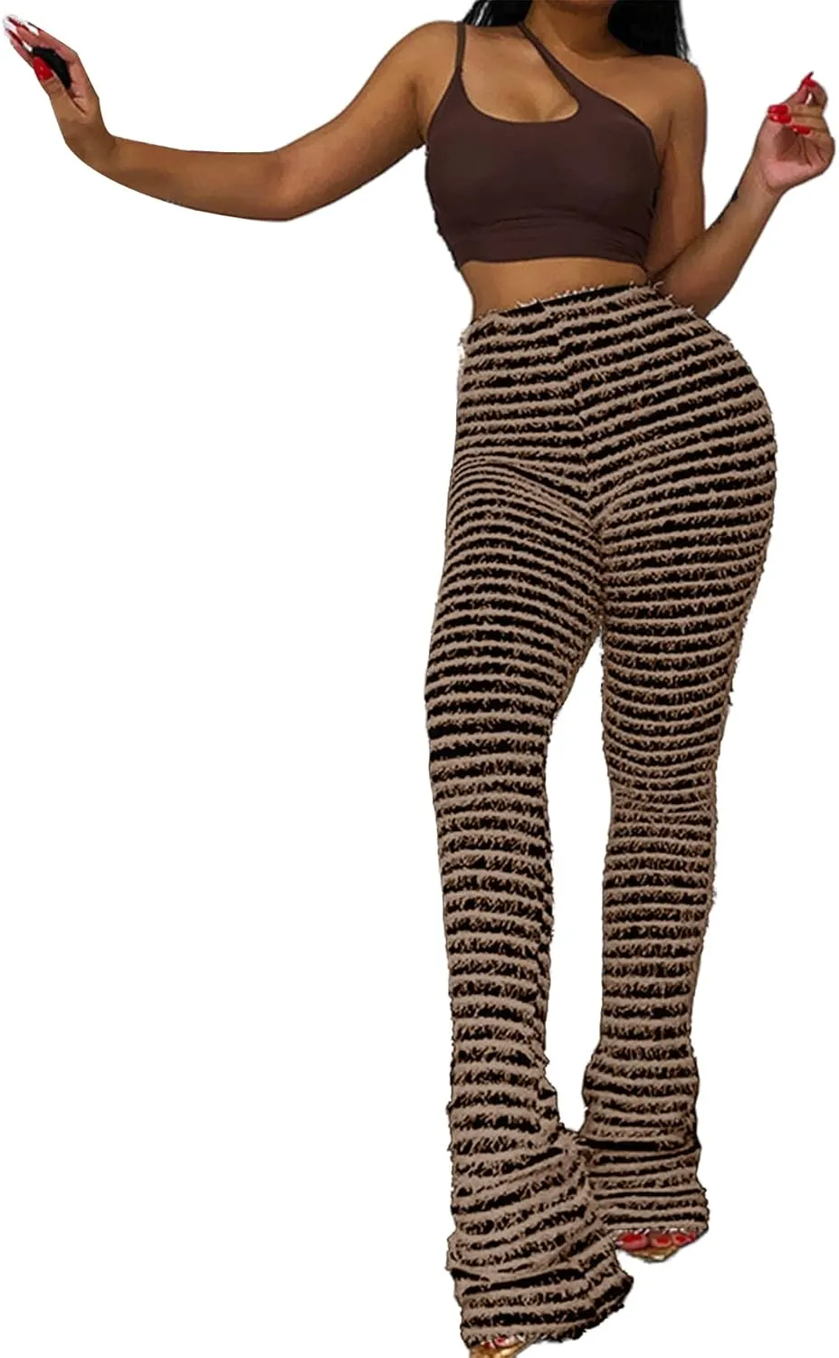 Vaceky Women's Stacked Fuzzy Pants High Waist Black and White Striped Bell Bottoms Street Causal Sweatpants
