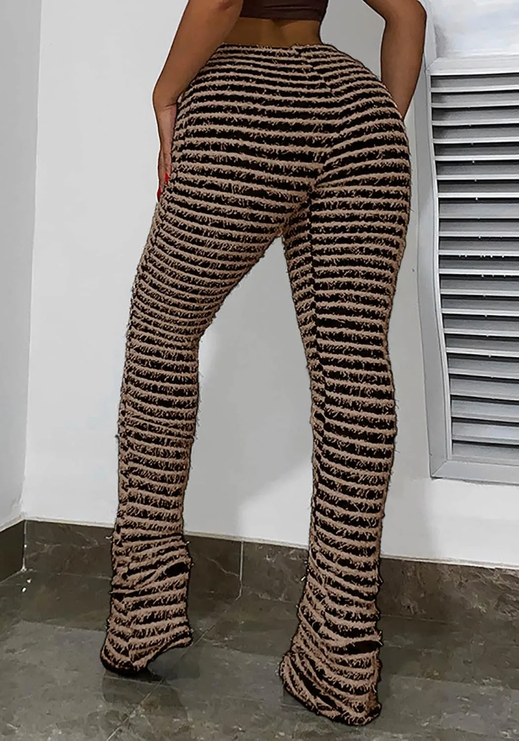Vaceky Women's Stacked Fuzzy Pants High Waist Black and White Striped Bell Bottoms Street Causal Sweatpants