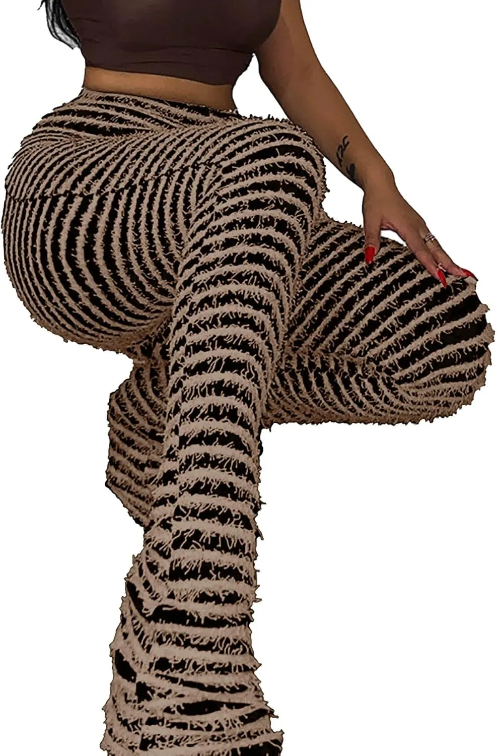 Vaceky Women's Stacked Fuzzy Pants High Waist Black and White Striped Bell Bottoms Street Causal Sweatpants