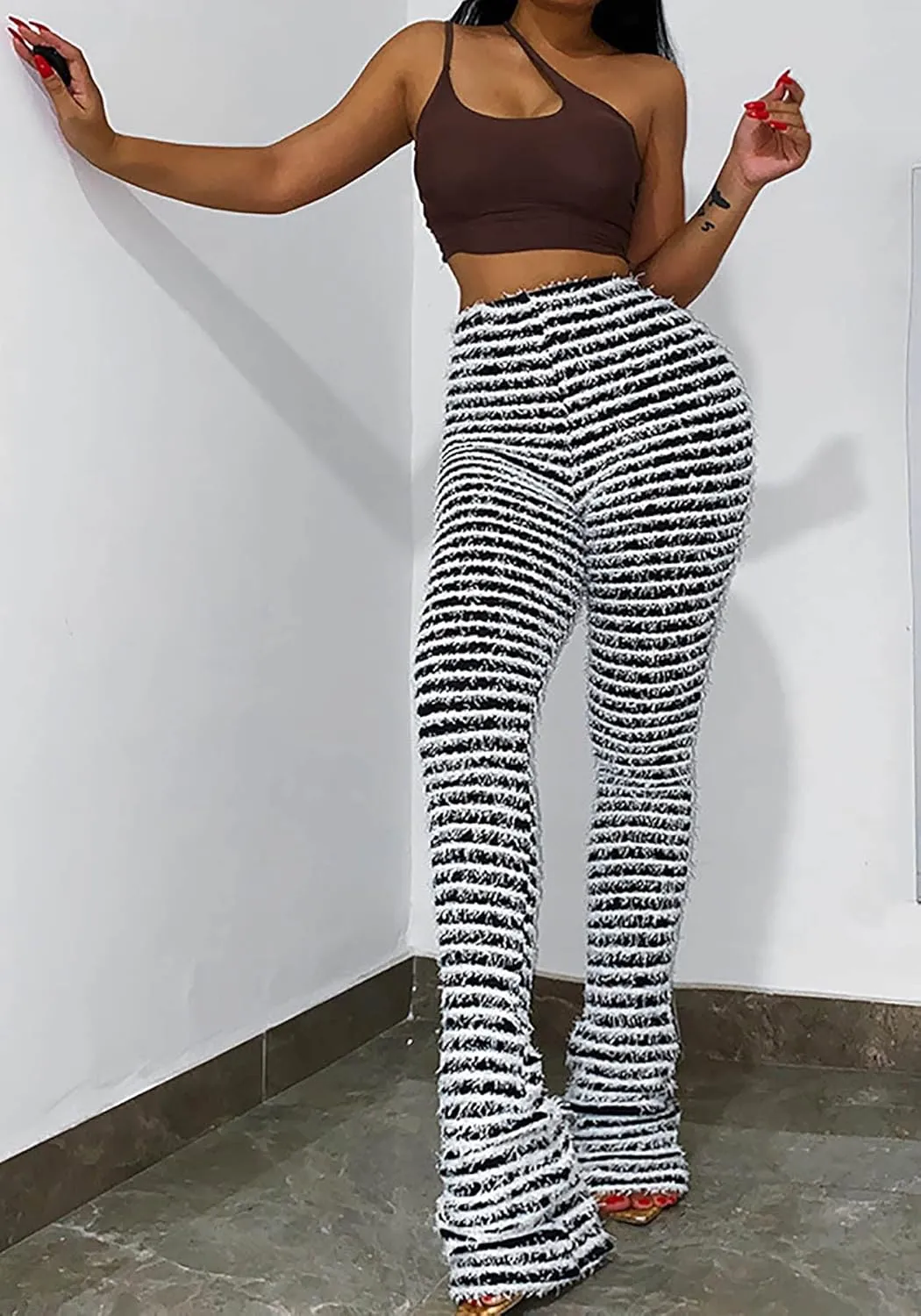 Vaceky Women's Stacked Fuzzy Pants High Waist Black and White Striped Bell Bottoms Street Causal Sweatpants