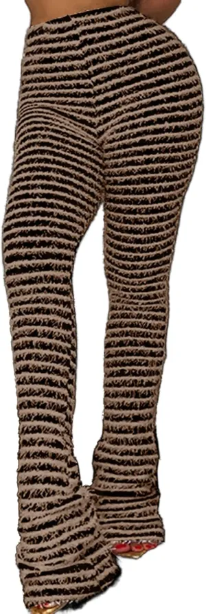 Vaceky Women's Stacked Fuzzy Pants High Waist Black and White Striped Bell Bottoms Street Causal Sweatpants