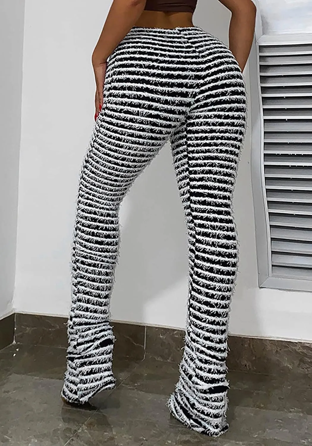 Vaceky Women's Stacked Fuzzy Pants High Waist Black and White Striped Bell Bottoms Street Causal Sweatpants