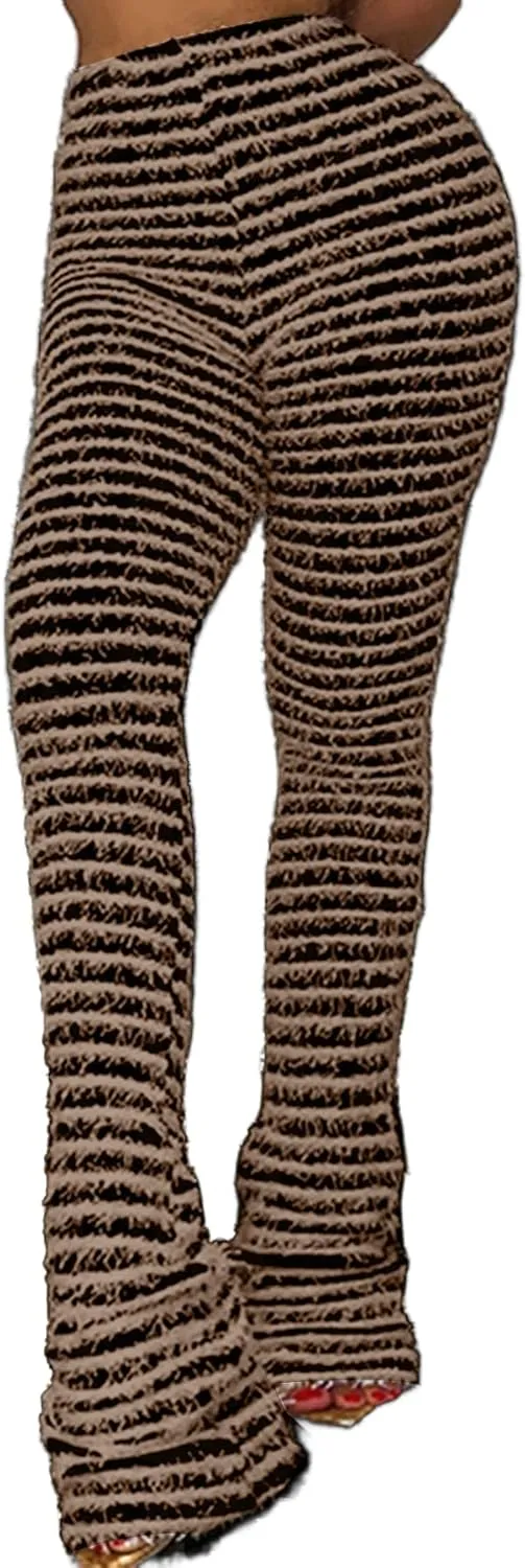 Vaceky Women's Stacked Fuzzy Pants High Waist Black and White Striped Bell Bottoms Street Causal Sweatpants