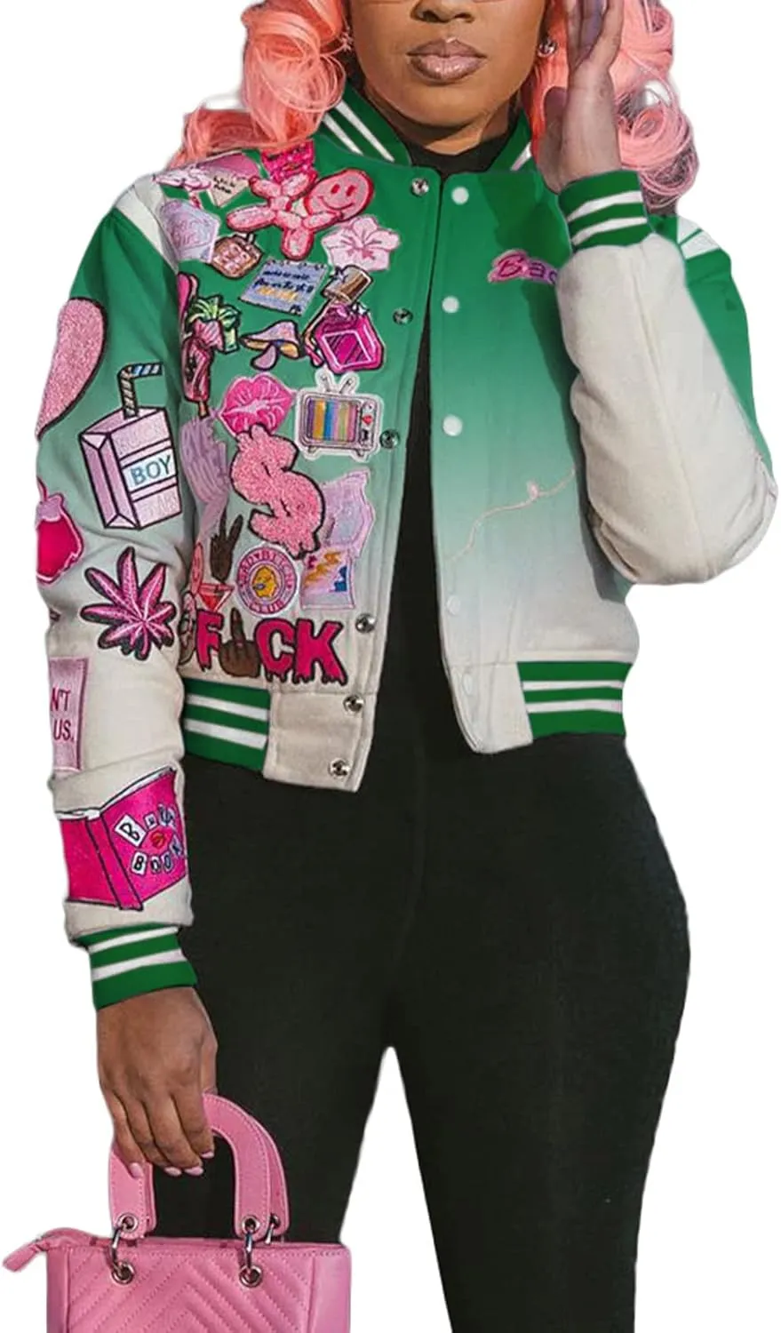 Varsity Jacket Women Print Vintage Patches Letterman Cropped Bomber Jacket Lightweight Dressy Cute Coat