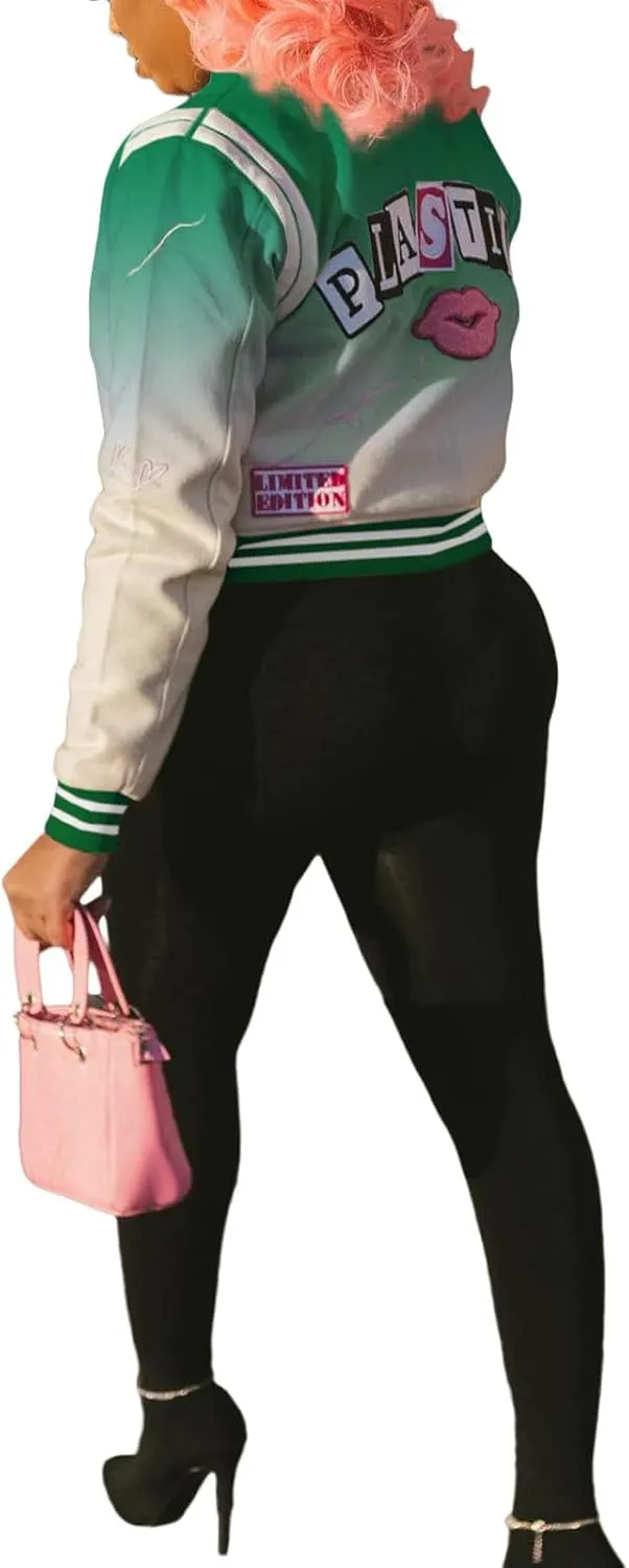 Varsity Jacket Women Print Vintage Patches Letterman Cropped Bomber Jacket Lightweight Dressy Cute Coat