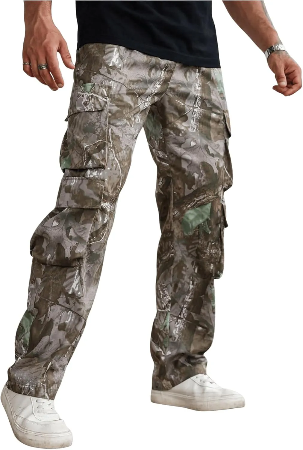 Verdusa Men's Camo Cargo Pants Straight Leg Drawstring Waist Long Trousers with Multi Pockets