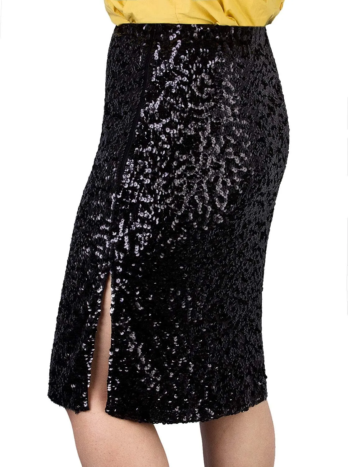 Vijiv Women's Sequin Skirt Midi High Waist Elegant Stretchy Sparkle Side Slit Pencil Skirt Party Cocktail