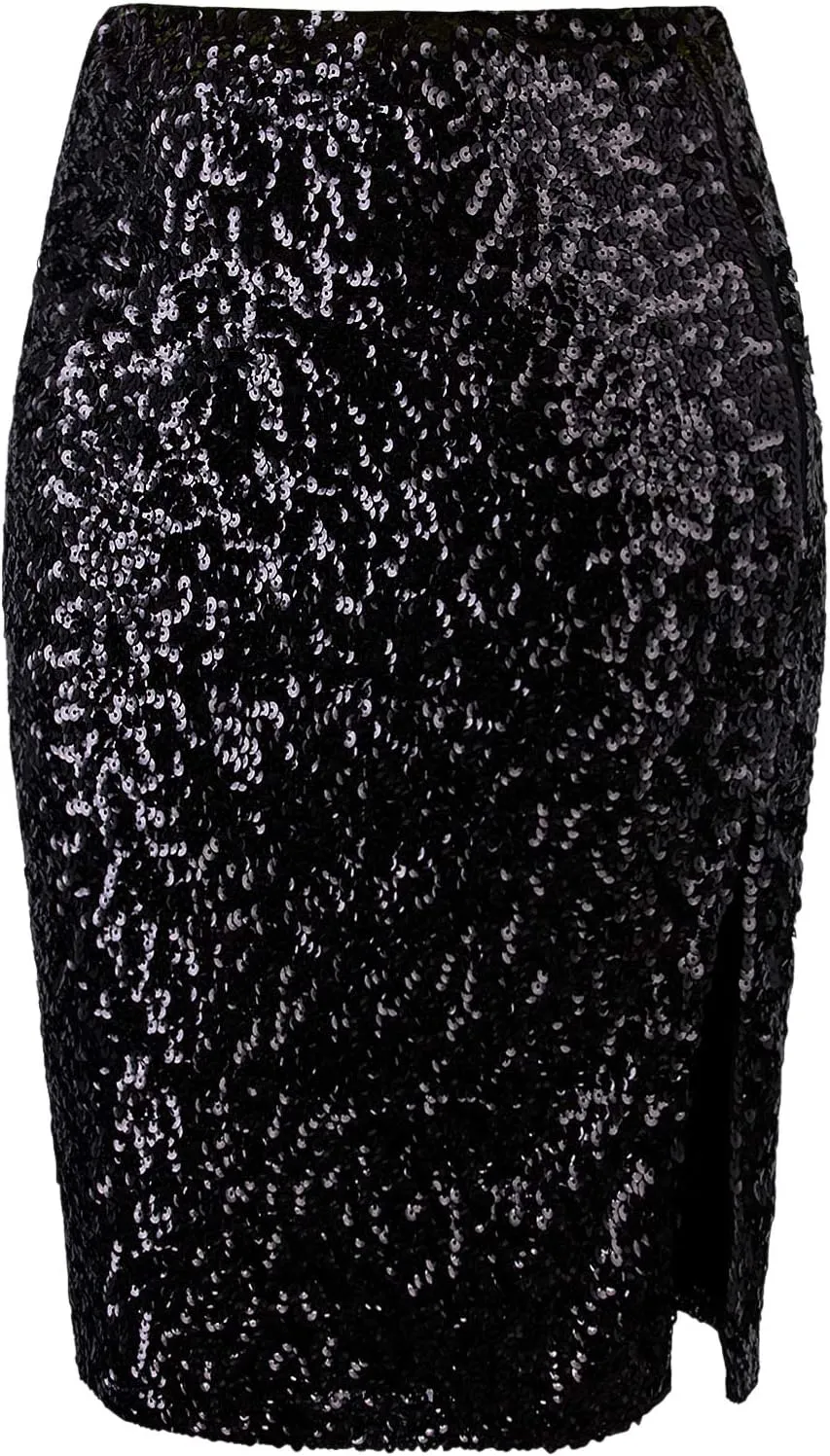 Vijiv Women's Sequin Skirt Midi High Waist Elegant Stretchy Sparkle Side Slit Pencil Skirt Party Cocktail