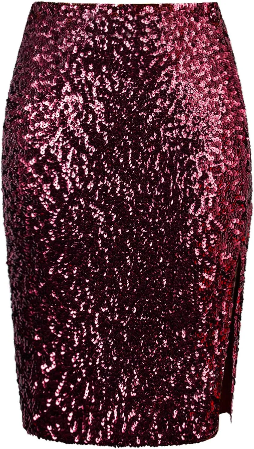Vijiv Women's Sequin Skirt Midi High Waist Elegant Stretchy Sparkle Side Slit Pencil Skirt Party Cocktail