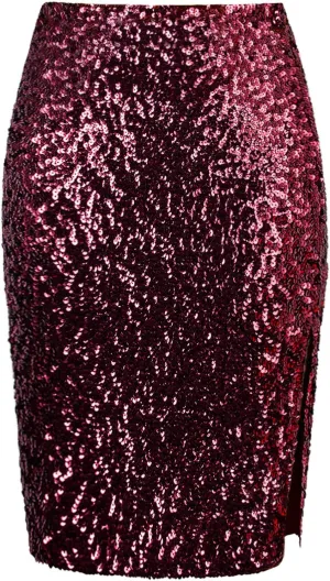 Vijiv Women's Sequin Skirt Midi High Waist Elegant Stretchy Sparkle Side Slit Pencil Skirt Party Cocktail