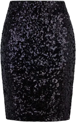 Vijiv Women's Sequin Skirt Midi High Waist Elegant Stretchy Sparkle Side Slit Pencil Skirt Party Cocktail