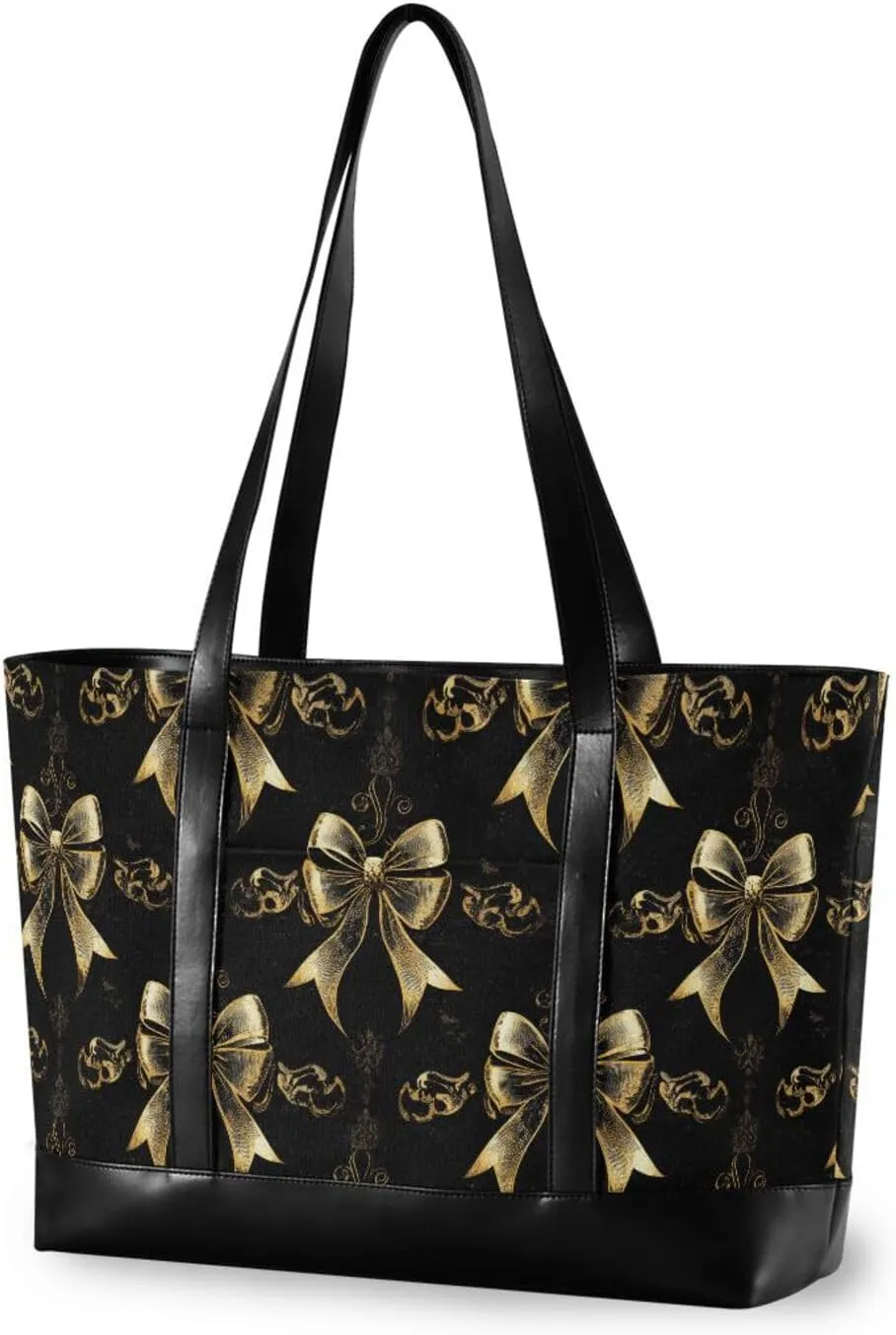Vintage Bow in Black and Gold modern womens tote bag with zipper large tote bag for gym with Travel Essentials Beach Gifts Birthday Gifts for Women bolsos para mujeres