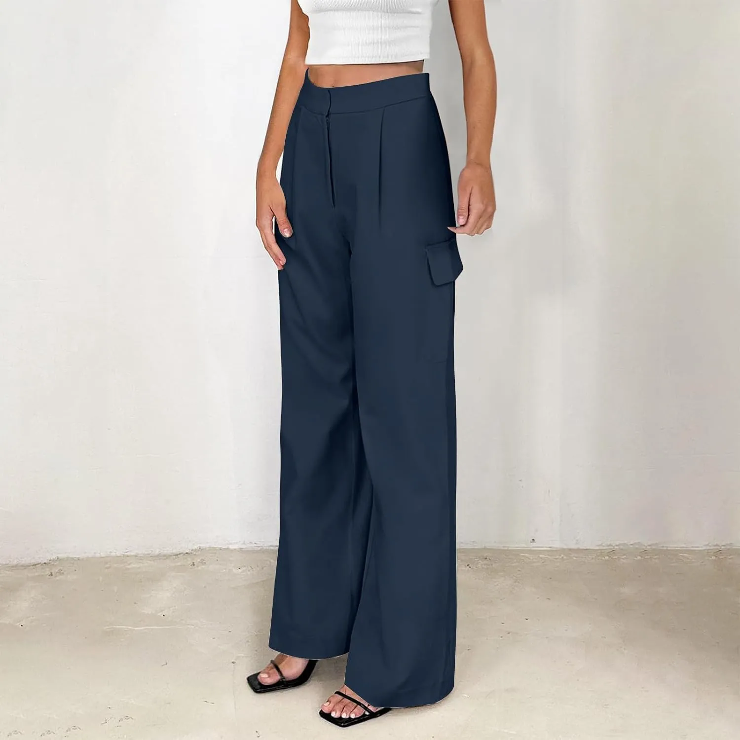 Wide Leg Cargo Pants for Women High Waist Straight Trousers Lightweight Business Casual Dress Pants with Pockets