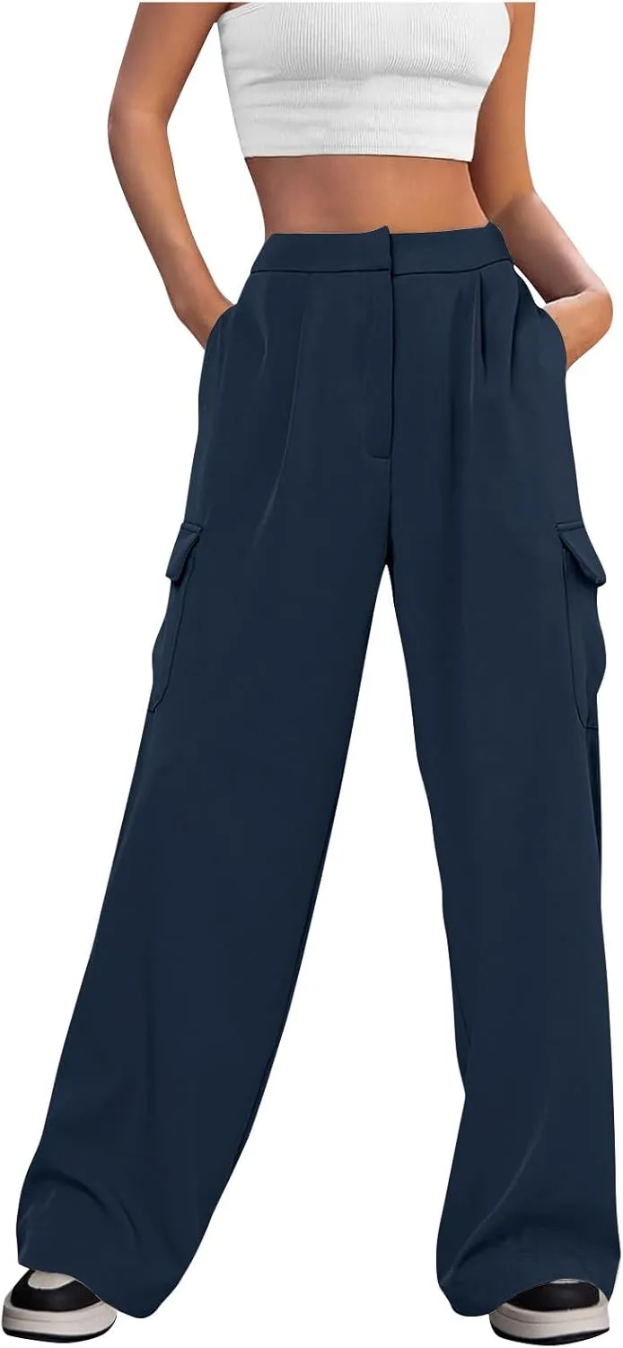 Wide Leg Cargo Pants for Women High Waist Straight Trousers Lightweight Business Casual Dress Pants with Pockets