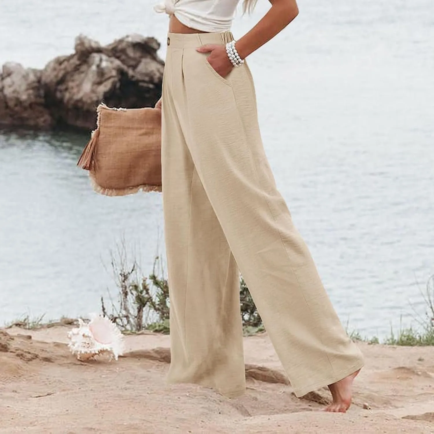Wide Leg Dress Pants for Women High Waisted Business Casual Work Pants Comfy Baggy Pull On Trousers with Pockets