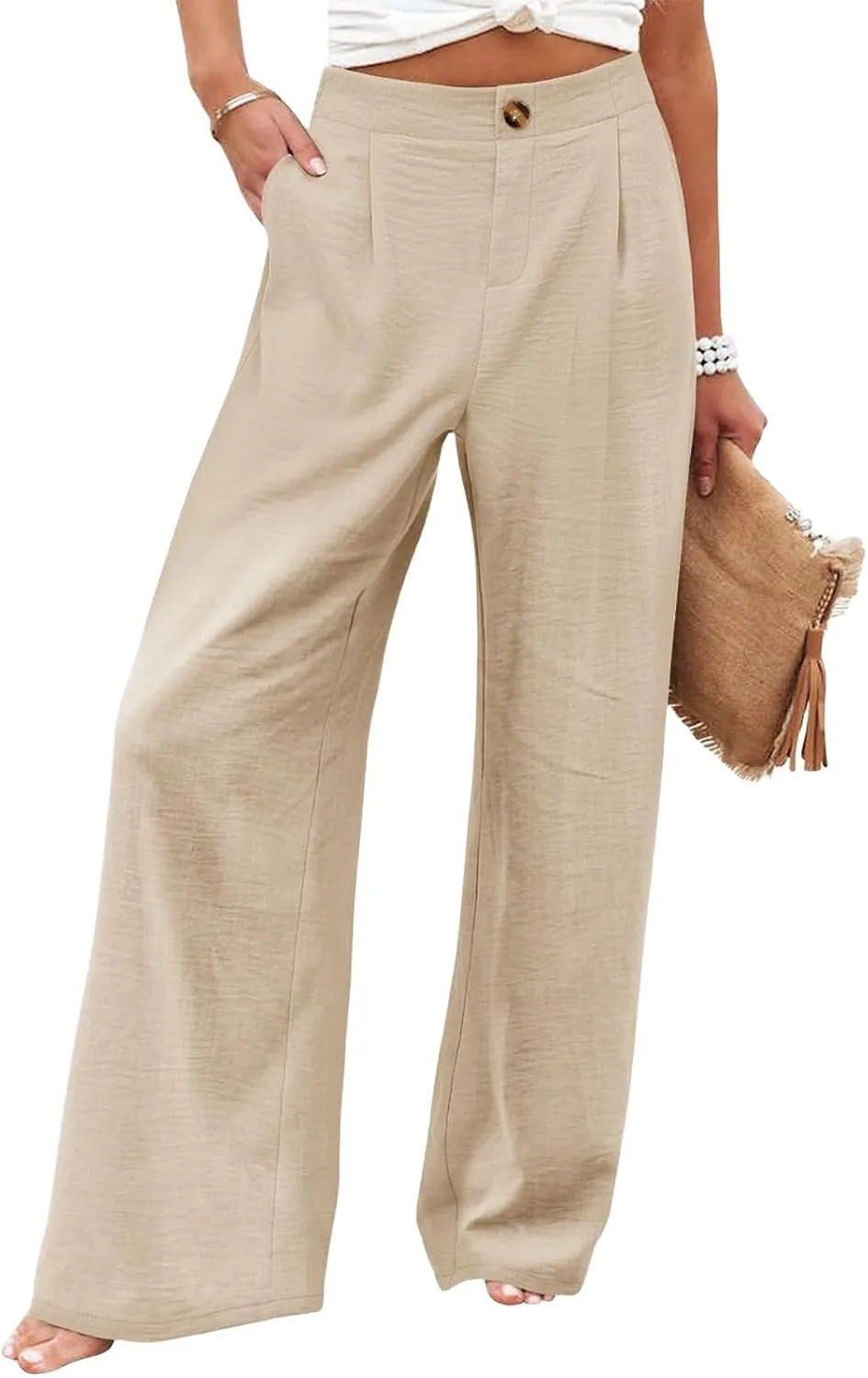 Wide Leg Dress Pants for Women High Waisted Business Casual Work Pants Comfy Baggy Pull On Trousers with Pockets