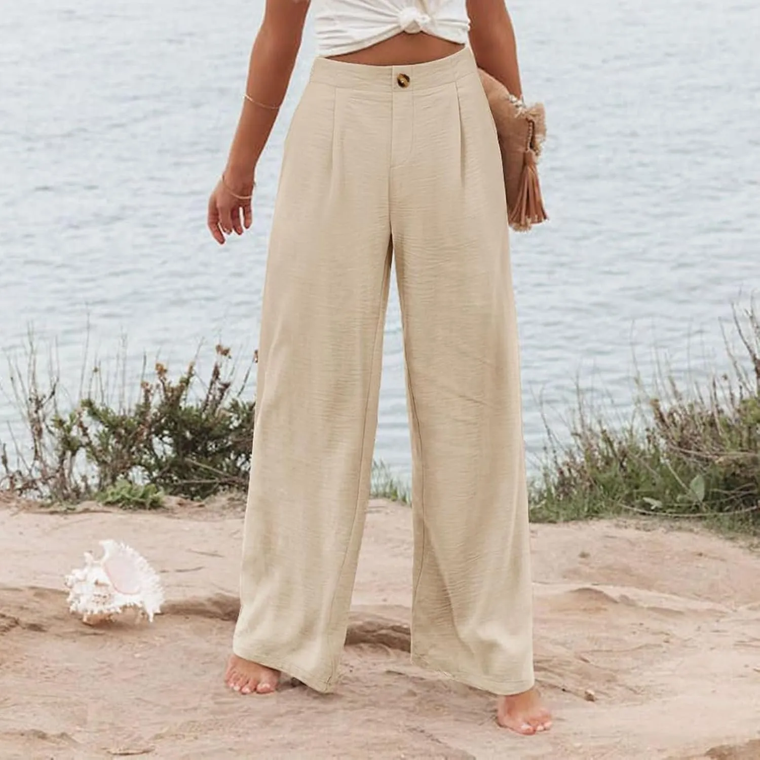 Wide Leg Dress Pants for Women High Waisted Business Casual Work Pants Comfy Baggy Pull On Trousers with Pockets