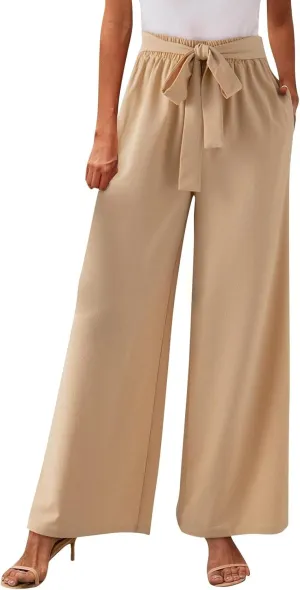 Wide Leg Dress Pants for Women Paperbag High Waisted Business Casual Pants Palazzo Lounge Pants Trousers with Pockets