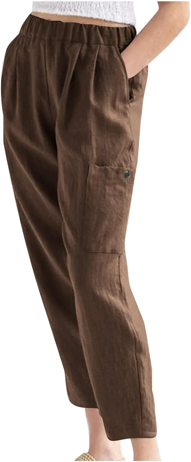 Wide Leg Linen Pant for Women Loose High Waisted Linen Pants Comfy Flowy Long Trousers Summer Vacation Beach Slacks
