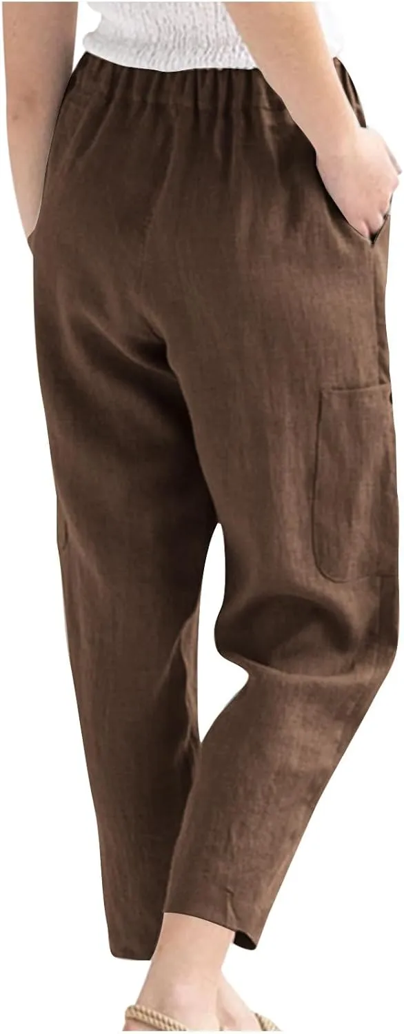 Wide Leg Linen Pant for Women Loose High Waisted Linen Pants Comfy Flowy Long Trousers Summer Vacation Beach Slacks