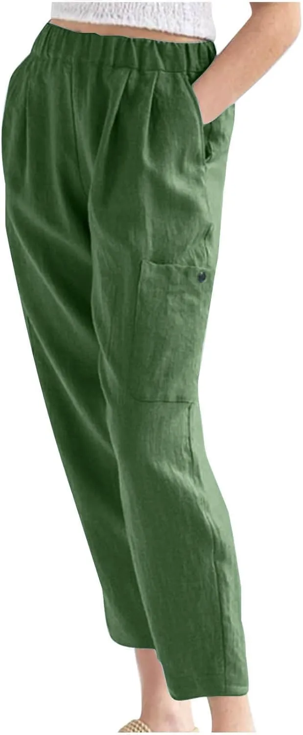 Wide Leg Linen Pant for Women Loose High Waisted Linen Pants Comfy Flowy Long Trousers Summer Vacation Beach Slacks