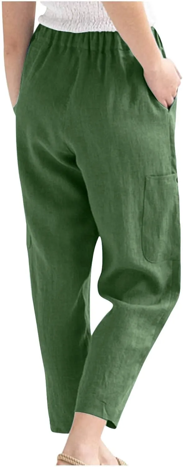Wide Leg Linen Pant for Women Loose High Waisted Linen Pants Comfy Flowy Long Trousers Summer Vacation Beach Slacks