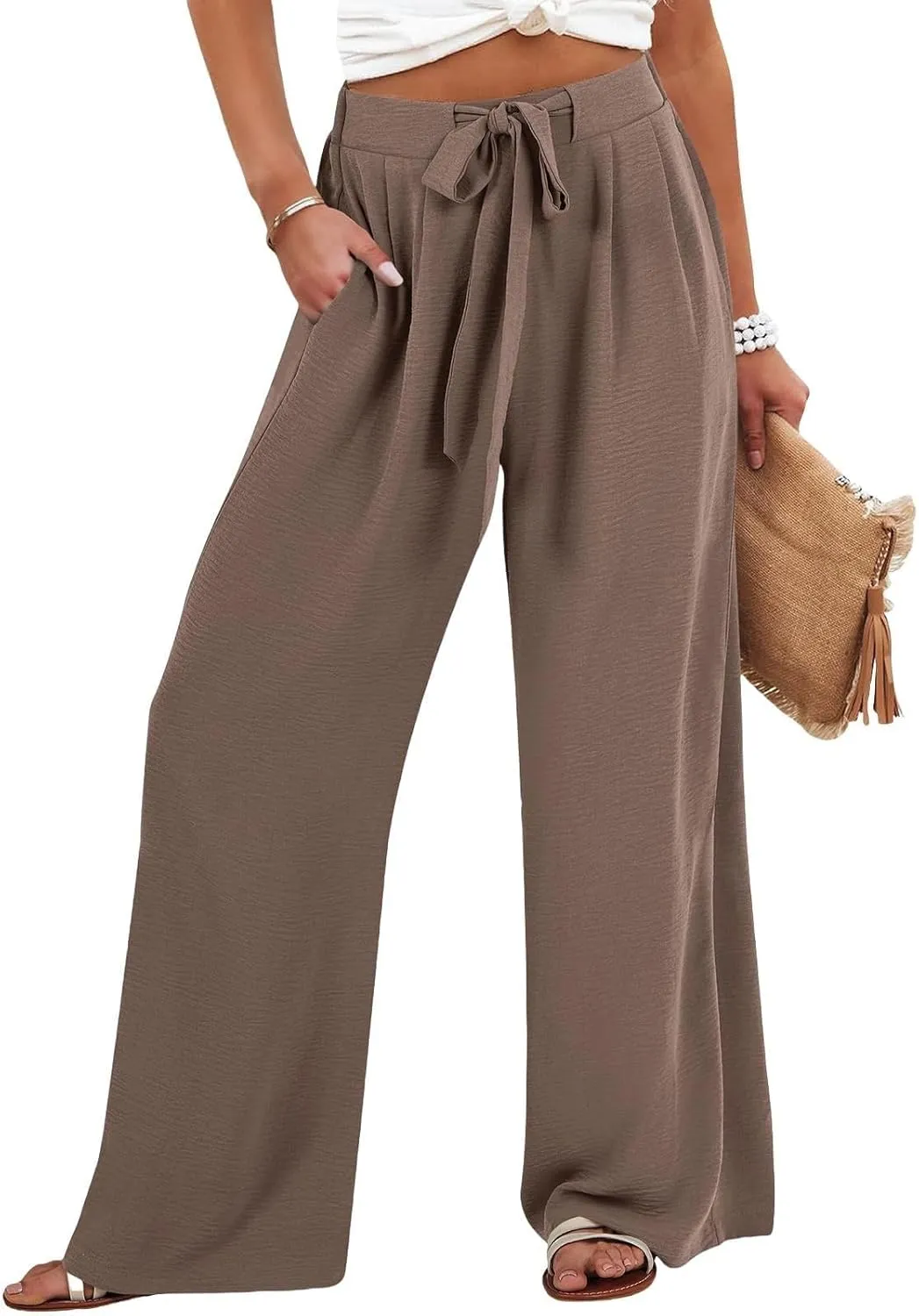 Wide Leg Linen Pants for Women Dressy High Waist Adjustable Knot Palazzo Lounge Trousers Business Work Casual Pants